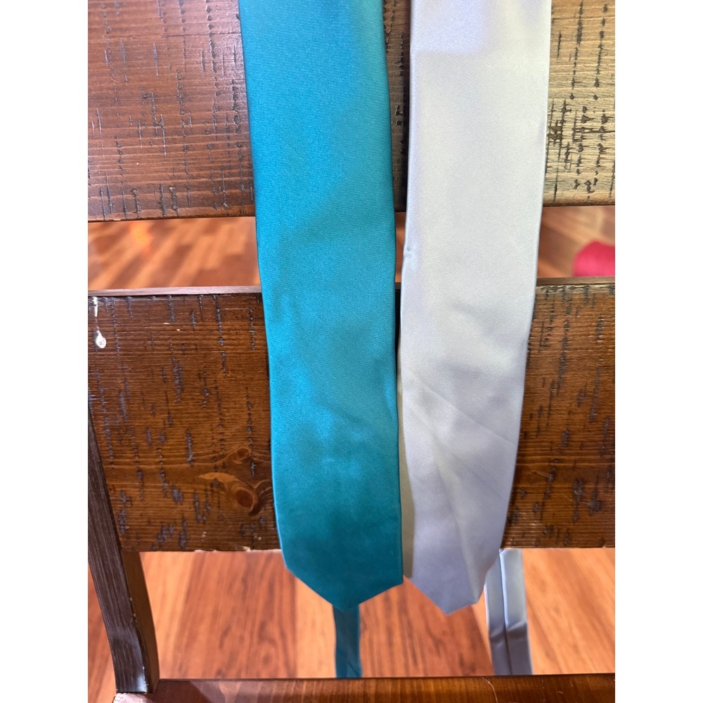 Joseph & Feiss Gold Mens Necktie Lot 2 Teal Silver Grey Solid Satin Finish Ties‎